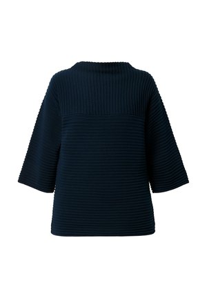 Marineblauer, gerippter Pullover mit weiten Dreiviertelärmeln und einem Bootsausschnitt, Vorderseite und Texturdetails sichtbar.