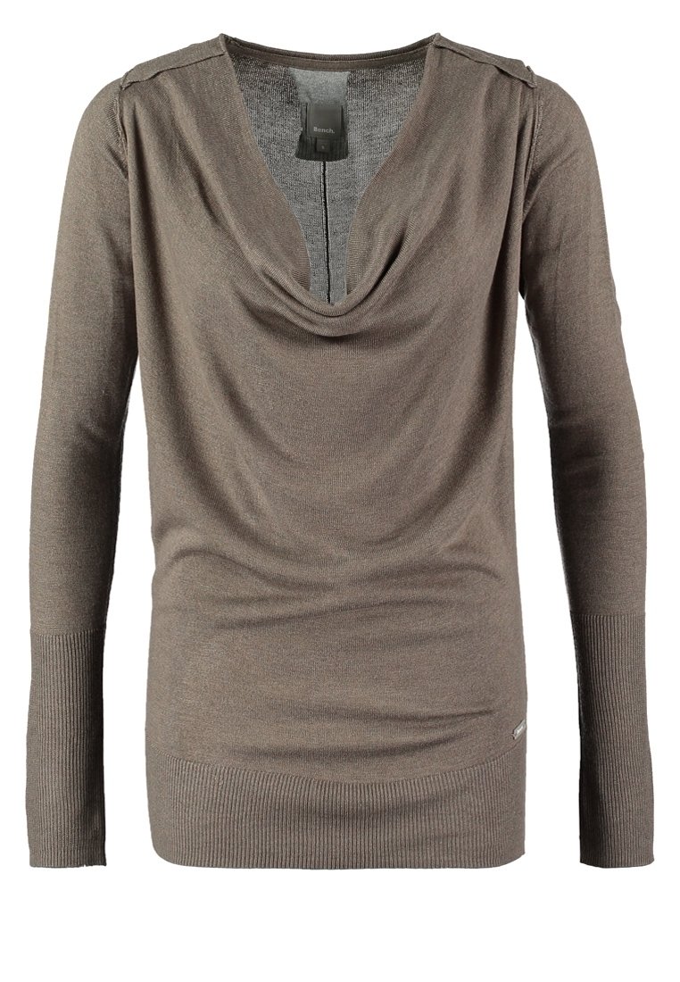 Bruine lange mouwtop met een gedrapeerde halslijn, ribgebreide manchetten en zoom, gemaakt van zachte stof. Bevat schouderaccenten en een subtiele glans.