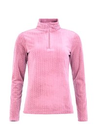 Roze pullover met een ritssluiting bij de kraag, lange mouwen en een gestructureerd kabelbreisel. Gemaakt van zachte stof voor comfort.