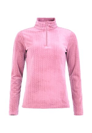 Lyserød pullover med halv lynlås krave, lange ærmer og struktureret kabelstrikdesign. Fremstillet af blødt stof for komfort.