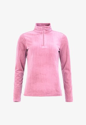 Suéter rosa con cuello de media cremallera, mangas largas y diseño de punto trenzado texturizado. Fabricado con tela suave para mayor comodidad.
