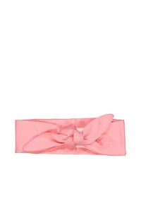 Pink fabric headband featuring a knotted design at the front. Smooth texture with a wide, flat band and distinct bow detail.