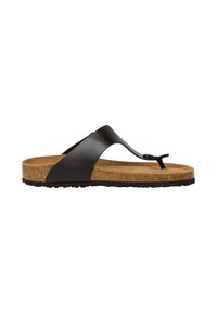 Musta thong-sandaalit, joissa on sileä nahkapinta, korkkipohja ja teksturoitu kumipohja. Elegantti ja minimalistinen muotoilu.