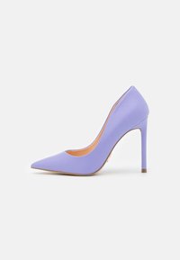 Lilac satin high heel pump with a pointed toe and slim stiletto heel, featuring a smooth texture and a subtle interior design.