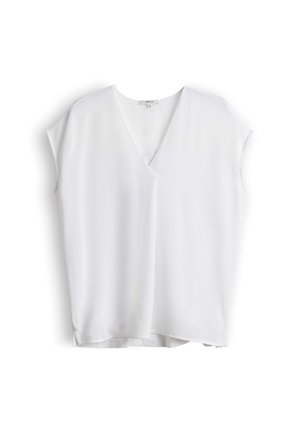 Blouse blanche sans manches avec col en V et coupe ample, présentée à plat sur fond blanc.