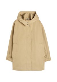 Beżowa kurtka z kapturem wykonana z mieszanki bawełny, z zapięciem na napy, elastycznymi mankietami i dwoma bocznymi kieszeniami dla większej funkcjonalności.