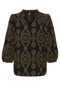 Svart blus med guldblommönster, v-ringad och puffade trekvart ärmar. Tyget har en texturerad, broderad design.