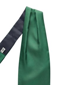 Grön siden slips med en mjuk textur och plisserad design. Baksidan är mörk med ett mönstrat avslut. Inkluderar en varumärkesetikett.