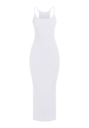 Abito midi bianco aderente senza maniche con sottili spalline e scollo rotondo, mostrato su uno sfondo semplice.
