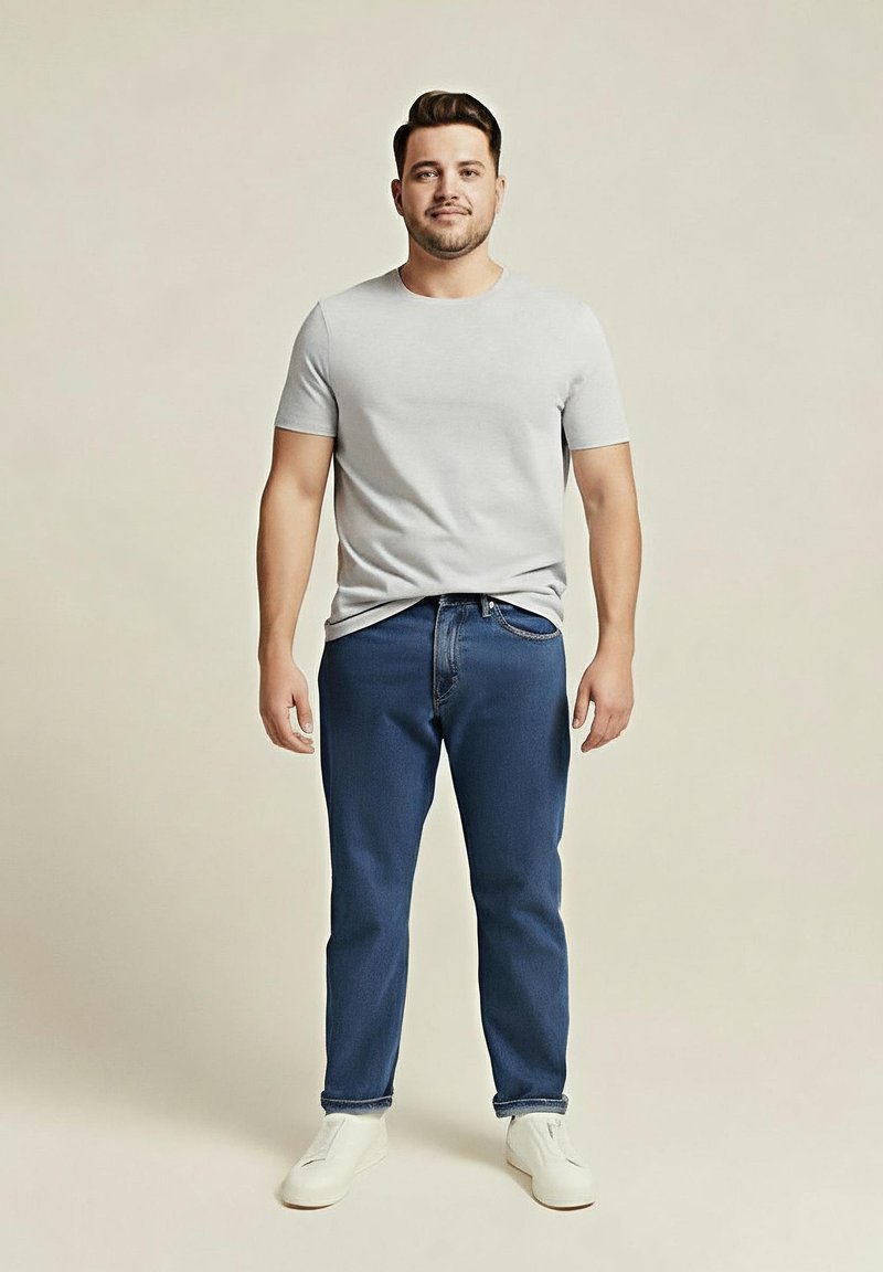 Hombre de pie, de frente, vestido con una camiseta gris clara, jeans azules y zapatillas blancas, contra un fondo beige liso.