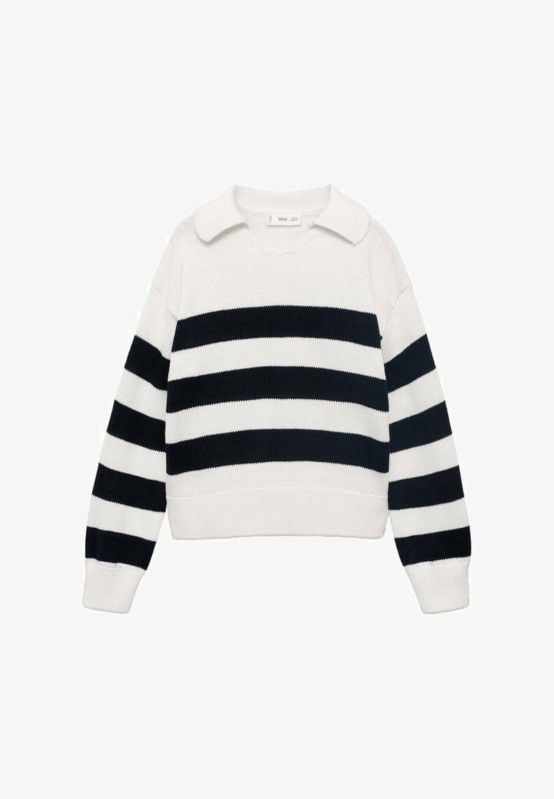 Bílý pletený svetr s námořnickými horizontálními pruhy, límcem a dlouhými rukávy. Má zkrácený střih a ribbované manžety a lem.