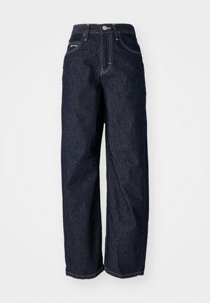 Jeans de pierna ancha azul oscuro de denim, con cintura alta, costuras en contraste y bolsillos frontales. Incluye cierre de botón de metal.