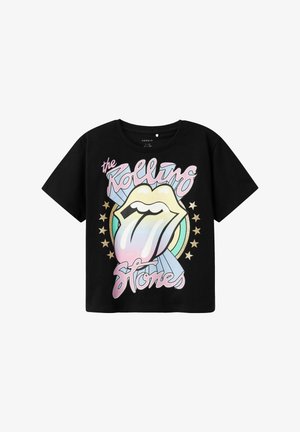 T-shirt in cotone nero con una grande grafica di una lingua e labbra, con colori pastello, stelle e il testo "the Rolling Stones."