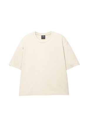 Overdimensioneret beige T-shirt lavet af blød bomuld, med rund hals, korte ærmer og ren, enkel syning. Ingen mønstre eller grafik.