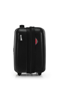 Zwarte harde koffer met een gaasontwerp, twee met rits gesloten compartimenten en kleine wieltjes voor mobiliteit. Voorzien van een merklogo aan de zijkant.
