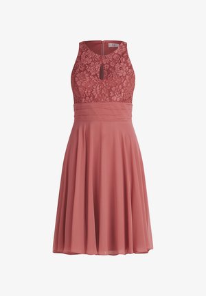 Ein ärmelloses Kleid in staubigem Rosé mit einem Spitzenoberteil, einem Schlüssellochdetail und einem ausgestellten Rock. Der Stoff wirkt leicht und glatt.