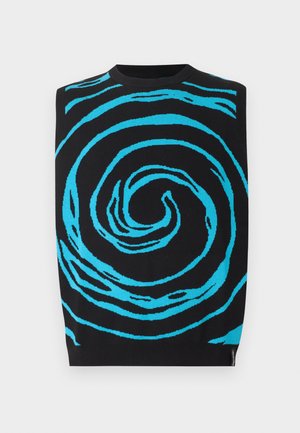 Sort ærmeløs sweatervest med lyst blåligt, snoet spiral mønster og rund halsudskæring.