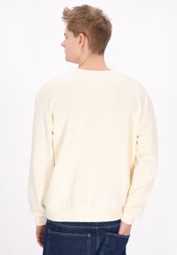 Felpa color crema con maniche lunghe, scollatura rotonda e polsini a costine. Il tessuto sembra morbido, con una superficie liscia. Design a vestibilità classica.