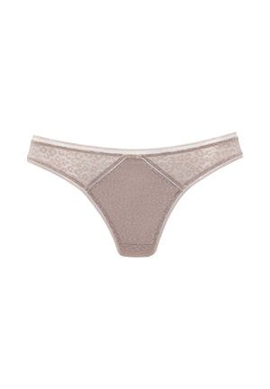 Beige pitsakaitsega sidskinnaga, millel on lillemuster, koos tugeva esipaneeli ja õhukese elastse vöökohtaga. Pehme tekstuur, minimalistlik disain.