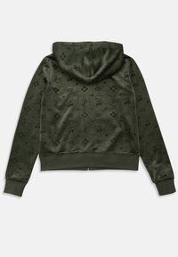 Olive green hooded sweatshirt with soft texture, featuring a subtle pattern of crowns, hearts, and diamonds. Ribbed cuffs and waistband.
