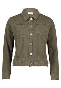 Chaqueta de mezclilla verde oliva con cuello de solapa, cierre de botones, dos bolsillos en el pecho y mangas largas. Cuenta con un diseño ligeramente entallado y textura.