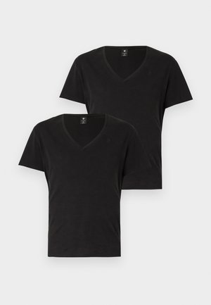 Two black v-neck t-shirts made of soft cotton. Short sleeves and a standard fit. Minimalist design with a subtle logo on the chest.