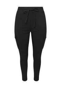 Czarne spodnie dresowe z elastycznym pasem i regulowanym sznurkiem, z bocznymi kieszeniami i zwężanym krojem nogawek.