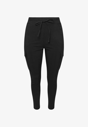 Zwarte joggerbroeken met een elastische tailleband en een verstelbare trekkoord, voorzien van zijzakken en een tapse pijpdesign.