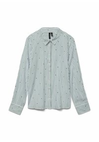 Gestreepte button-up blouse in lichtgroen, met dunne verticale strepen en kleine zwarte stippen. Heeft een klassieke kraag en lange mouwen.