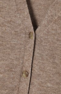 Brown cardigan made of soft, textured knit with a v-neck design. Features two round, light-colored buttons on the front.