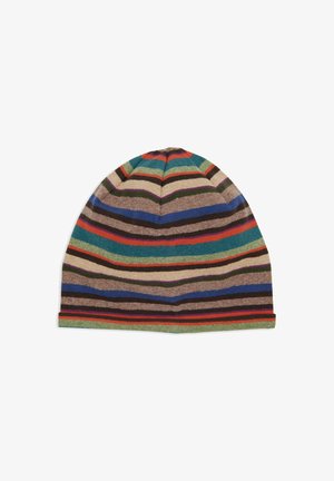 Knitted beanie hat with multicolored horizontal stripes in green, brown, blue, red, and cream; soft texture and tapered crown design.
