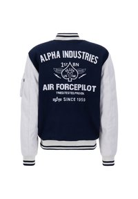 Námornícko-modrá a biela variabilná bunda s rebrovanými manžetami, na zadnej strane s textom a grafikou o Alpha Industries a pilotovi letectva.