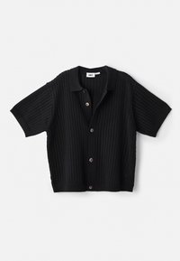 Black knitted short-sleeve cardigan with a collared neck, featuring vertical ribbed texture and brown button accents.