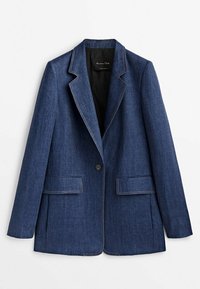 Tummansininen farkkutakki, jossa on leikattu kaulus, yksinkertainen nappisulku ja kaksi etutaskua. Kontrastivärinen ommel saumoissa. Vuoritettu sisus.