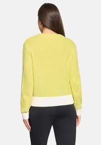 Frau mit langen braunen Haaren, die einen limettengrünen, gerippten Pullover mit weißen Bündchen und Saum trägt, kombiniert mit schwarzen Hosen, von hinten blickend.