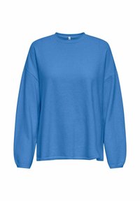 Sweat-shirt bleu à manches longues avec col rond, épaules tombantes et coupe décontractée. Confectionné dans un tissu doux et texturé pour le confort.