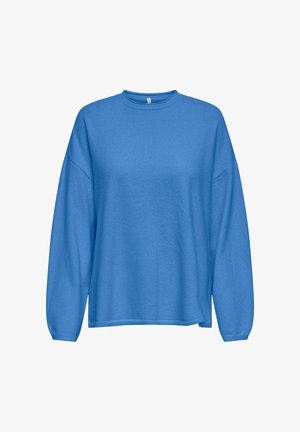 Sweat-shirt bleu à manches longues avec col rond, épaules tombantes et coupe décontractée. Confectionné dans un tissu doux et texturé pour le confort.