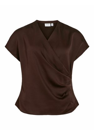 Dunkelbraune Bluse mit kurzen Ärmeln, V-Ausschnitt und Wickelstil vorne mit dezenten Drapierungen an der Seite.
