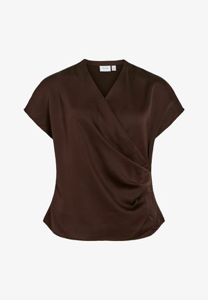 Dunkelbraune Bluse mit kurzen Ärmeln, V-Ausschnitt und Wickelstil vorne mit dezenten Drapierungen an der Seite.