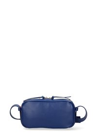 Borsa in pelle blu a forma rettangolare, con chiusura a zip e due manici laterali per il trasporto. Tessuto liscio, design minimalista.