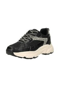 Zwarte en crèmekleurige sneakers hebben een bovenkant van textuurleer met een accent van luipaardprint, een dikke zool en gemusterde veters voor extra detail.