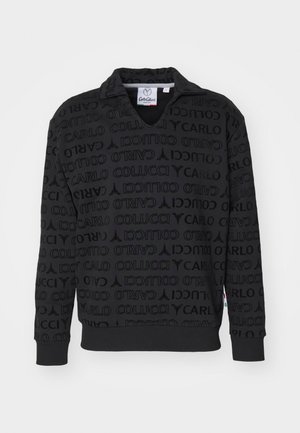 Black pullover sweatshirt featuring a textured pattern of the name “CARLO” and “COLUCCI,” with a collar and ribbed cuffs.