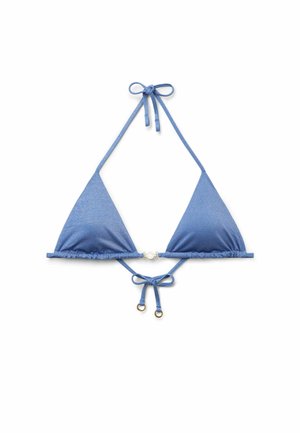 Blå trekantsbikinitop med halterneck og bindebånd bagpå, med frontlukning og små dekorative metalringe på bindernes ender.
