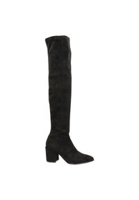 Bottes noires au-dessus du genou en daim doux, avec un talon carré et une finition lisse. Le design présente une silhouette ajustée.