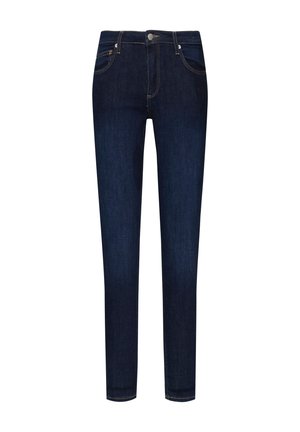 Donkerblauwe skinny jeans van denim, met een middelhoge taille, vijf zakken en zilveren hardwareaccenten voor de knoop en rits.