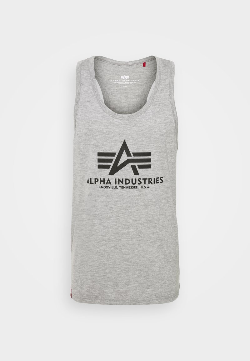 Canottiera grigia in cotone, con il logo e il design grafico "Alpha Industries" in nero, caratterizzati da forme geometriche e testo.
