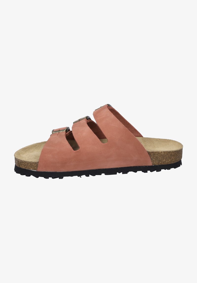 Åben tå sandal i blød lyserød ruskind med tre justerbare stropper, korksål, tekstureret sort gummisål og minimalistic design.
