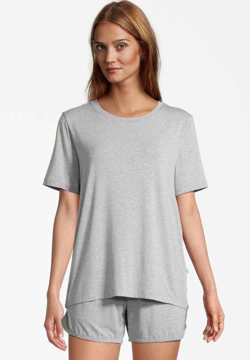 Gray fabric t-shirt with a round neckline and short sleeves, paired with matching shorts, featuring a relaxed fit and smooth texture.