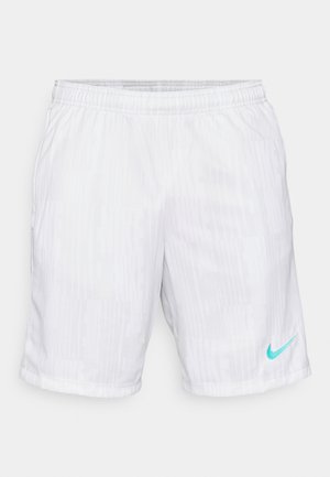 Pantaloni corti sportivi bianchi con un motivo testurizzato, vita elastica, tasche laterali e un logo Nike turchese in basso a destra.