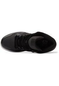 Black high-top sneaker made of synthetic leather. Features round toe, six eyelets, padded tongue, and textured black lining. White outsole.